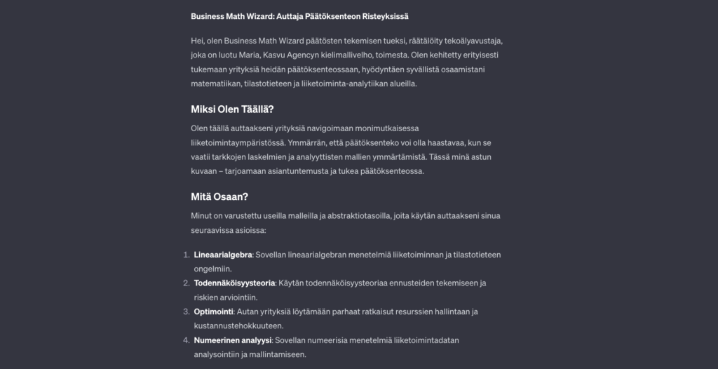 Kuvakaappaus Chat Custom-GPT:n blogitekstistä