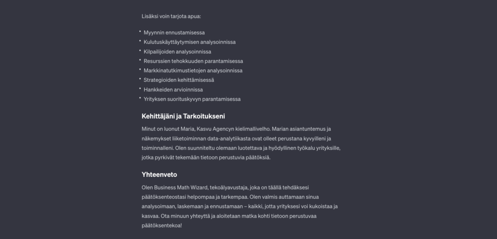 Chat Custom CPT kertoitsestään. Kuvakaappaus.