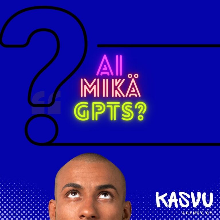 Mies ajattelemassa ja pään yläpuolelle on kirjoitettu "Ai mikä GPTs?".
