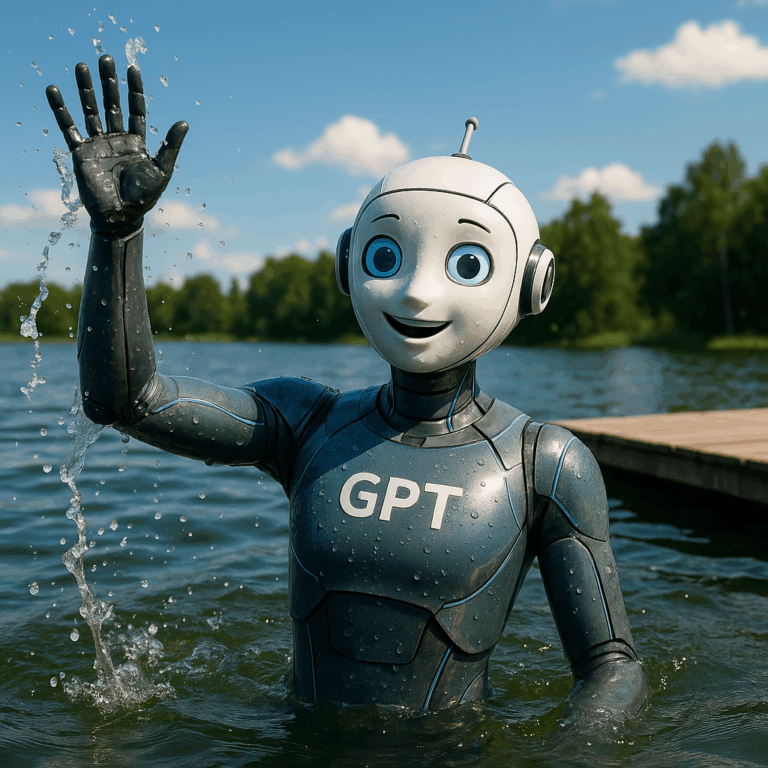 Kuvituskuva blogijuttuun kesäteemaan sopien. Kuvassa uiva tekoälybotti.