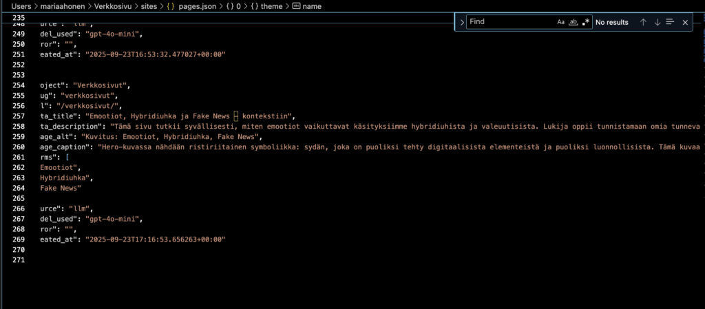 JSON-taulukko, SEO-moduuli, automaatioagentti