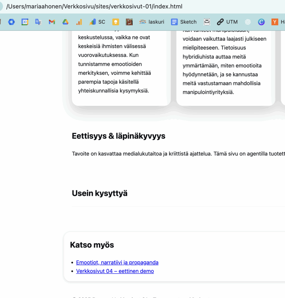 “Katso myös” -osiot muodostuvat agentin oman analyysin perusteella. Moduuli vertailee sivujen sanastoa ja metakuvauksia Jaccard-samankaltaisuuden avulla ja rakentaa sisäiset linkitykset automaattisesti osaksi HTML-rakennetta.